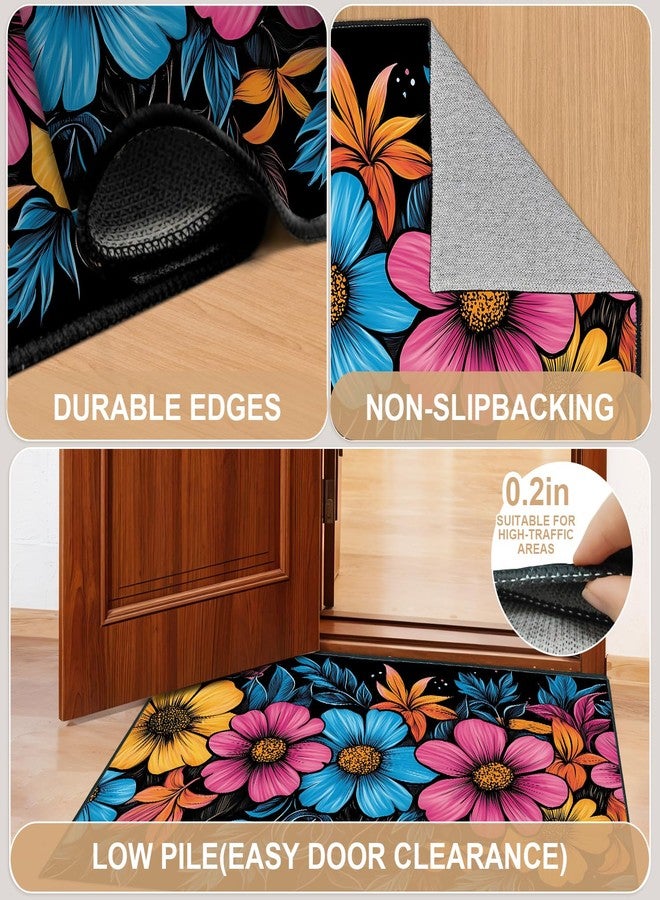 THISFIND Floral Washable Entry Rug, 2x3 Small Rugs for Entryway Kitchen Bathroom Door Mat Indoor Entrance, Boho Carpet Carpet Non Slip Doormat Low Pile Flower Area Rugs (Floral-3, 2'x3') - Image 3